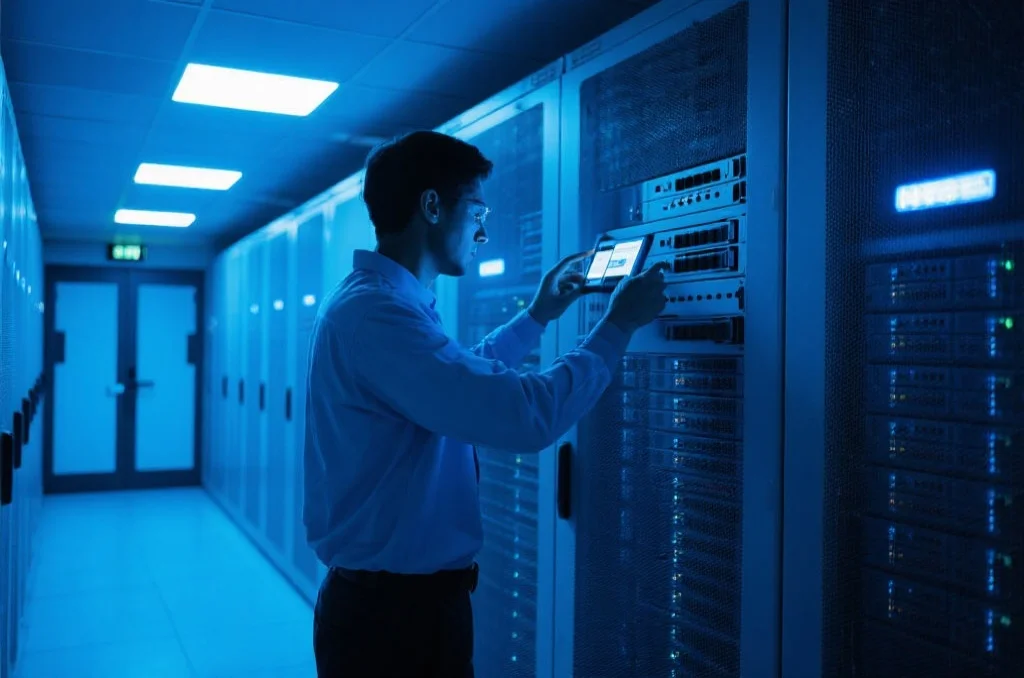 一个现代化的数据中心服务器房间，蓝色灯光中工作人员正在检测网络安全设备